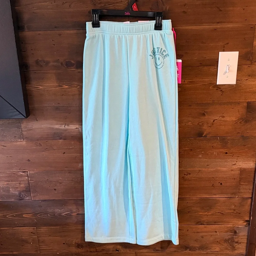 Justice Light Blue Sweatpants with Smiley Graphic